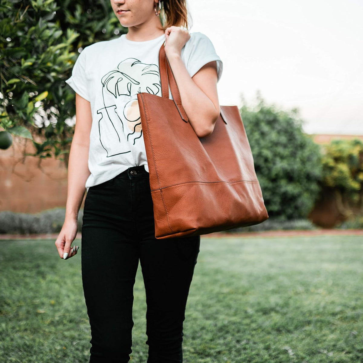 Large Vegan Leather Tote - Womens Slouchy Shoulder Bag with Open Top