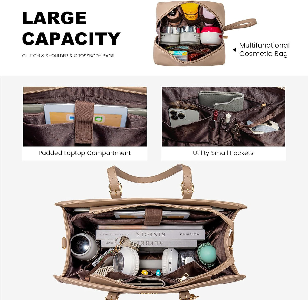 Laptop Bag for Women 15.6 Inch Lightweight PU Laptop Tote Bag, Large Capacity Computer Bag with Clutch Purse for Business, Work, Office, Travel,School，Casual（Light Brown，15.6 Inch）