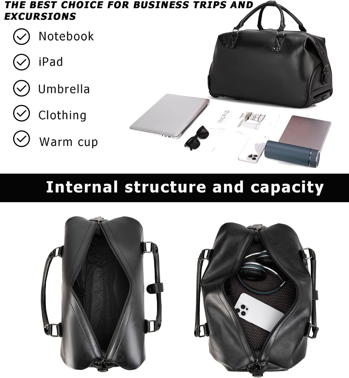 PU Leather Rolling Duffel Bag, Waterproof Weekender with Wheels