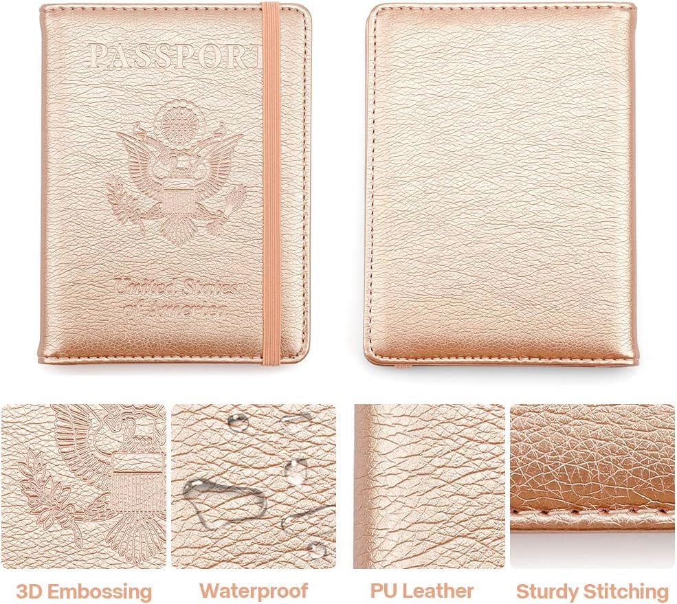 Passport Holder for Travel,Leather Passport Holder RFID Blocking Passport Cover Wallet Passport Case with Pen Holder Passport Holders for Travel Women Men Family Travels Must Haves Essential,Rose Gold