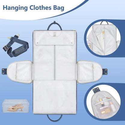 Garment Bags for Travel, Convertible Suit Travel Bag for Women, Stylish Carry on Garment Bag with Toiletry Pocket, Shoulder Strap & Shoes Compartment, 2 in 1 Foldable PU Leather Duffle Bag, Navy Blue