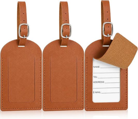 3 Pack Brown Luggage Tags, Leather Luggage Tags for Suitcases