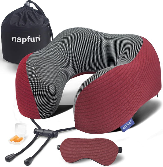 Neck Pillow for Travel with Travel Pouch, Sleep Mask & Earplugs, Memory Foam Airplane Pillow for Headrest Sleep with Eyeshades, Plane Essentials with Eye Blindfold, Burgundy Striped Kit