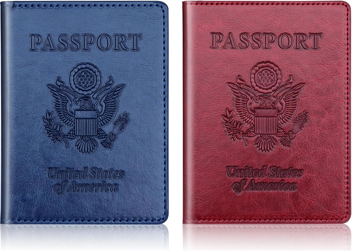 Passport Holder 2Pcs, Passport Cover Wallet Case for Women Men Family, Passports Book Holders Travel Must Haves Cruise Ship Essentials (Dark Blue & Wine Red)