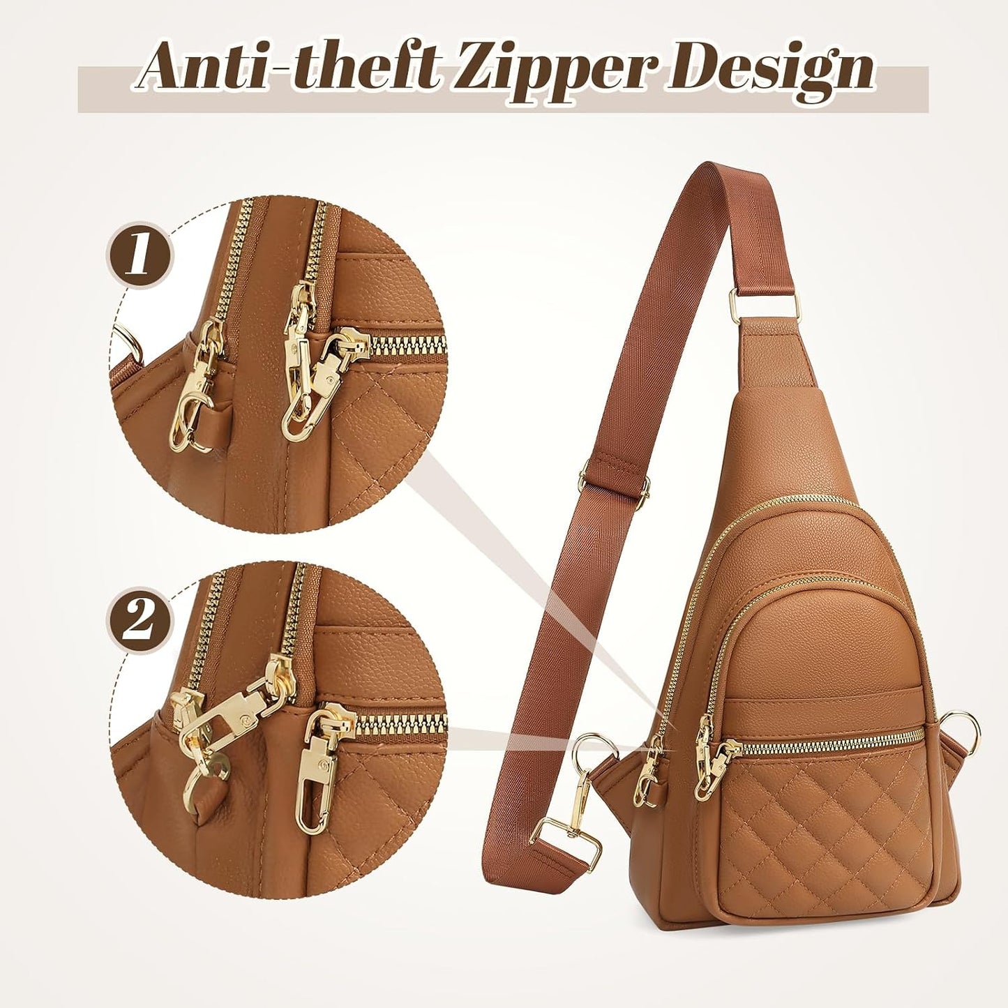 Women Anti-Theft Crossbody Sling Bag, Leather Chest Bag Sling Backpack for Fashion Travel，Light Brown