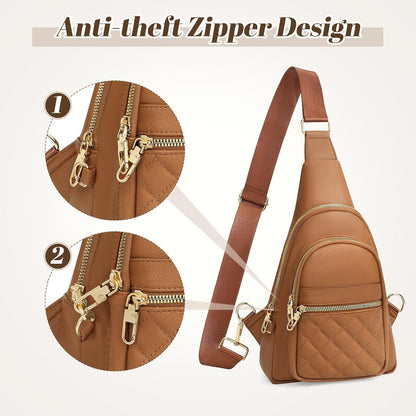 Women Anti-Theft Crossbody Sling Bag, Leather Chest Bag Sling Backpack for Fashion Travel，Light Brown