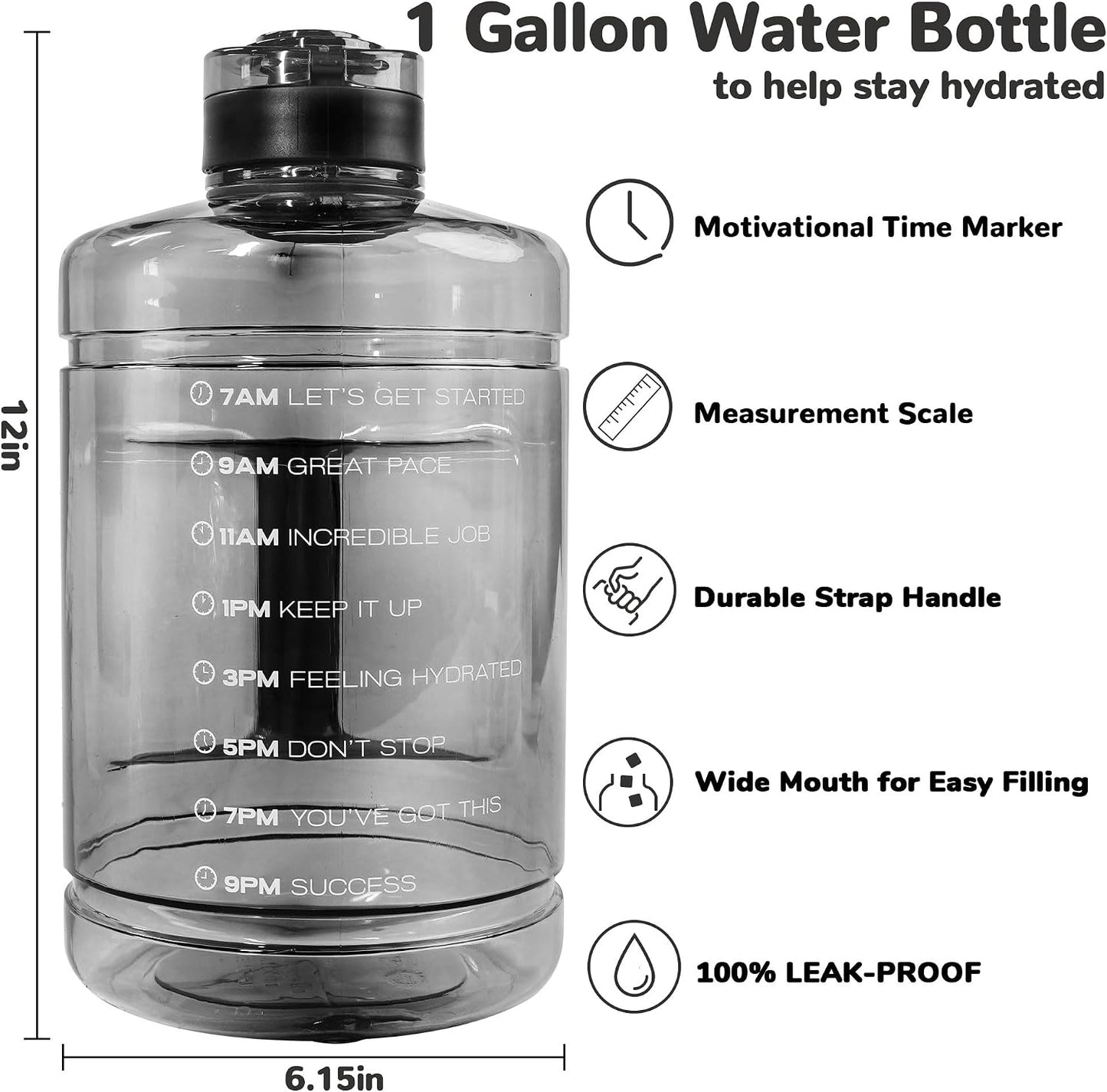1 Gallon Water Bottle, Water Jug with Motivational Time Marker & Handle