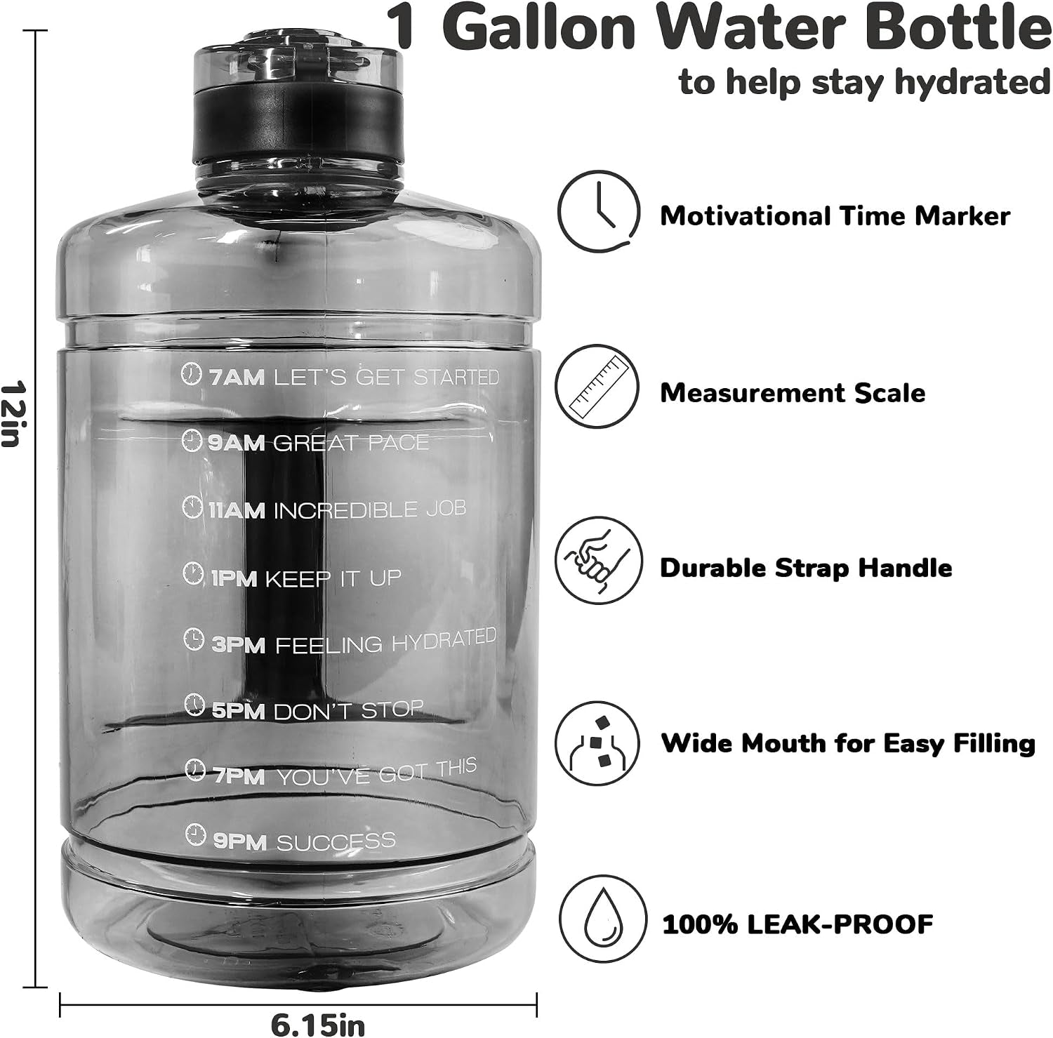 1 Gallon Water Bottle, Water Jug with Motivational Time Marker & Handle