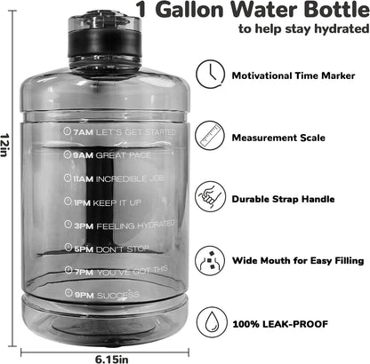 1 Gallon Water Bottle, Water Jug with Motivational Time Marker & Handle