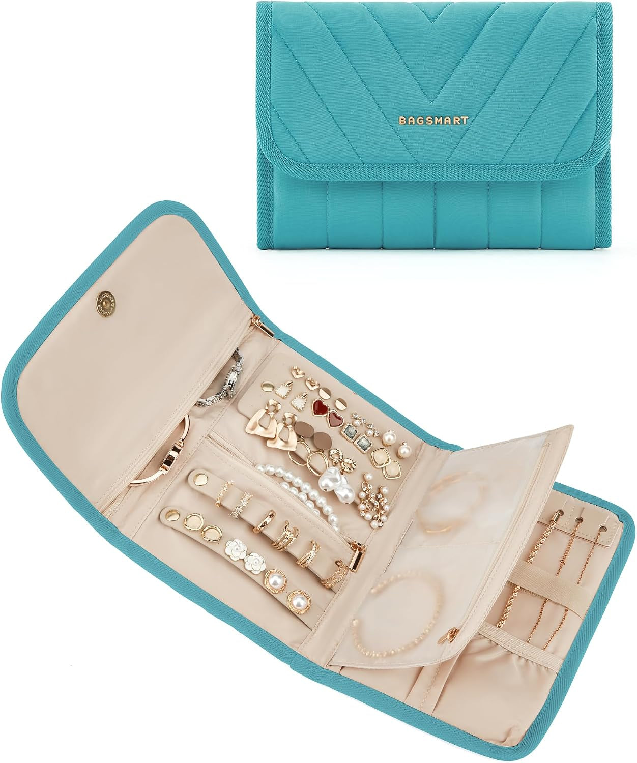 Travel Jewelry Organizer Case, Foldable Jewelry Roll for Necklaces, Earrings, Journey-Rings, Bracelets, Brooches, Portable, Teal