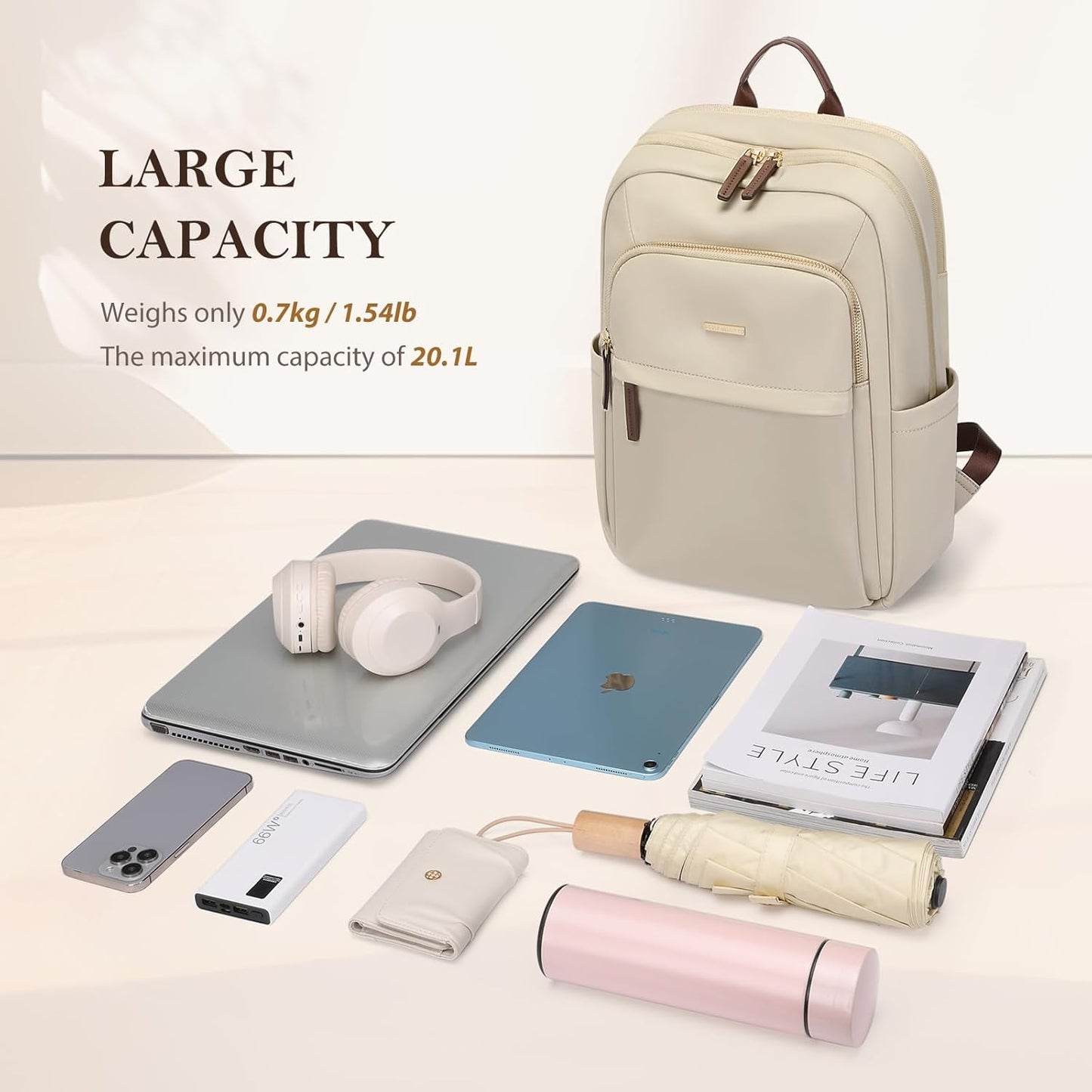 Travel Backpack for Women Personal Carry on Bag Business Weekender Hiking Multilayer Laptop Bag,16 Inch,Apricot