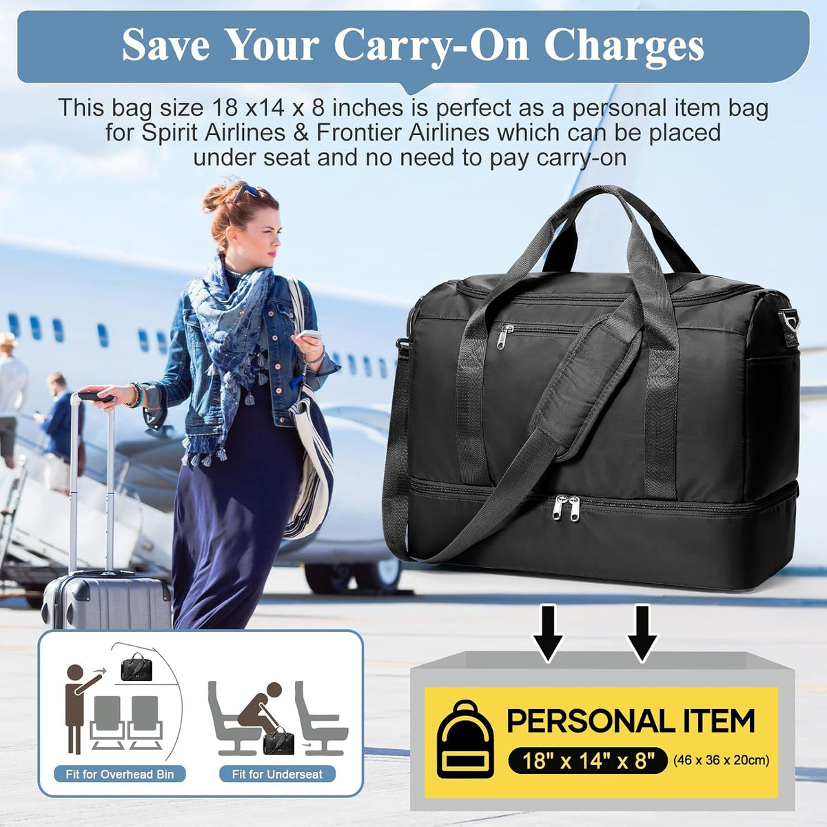 Travel Duffel Bag,Carry-On Overnight Weekender Bags with Shoes Compartment