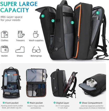 Travel Carry on Backpack 50L Expandable Flight Approved Backpacks 17.3 Inch Laptop and USB Charging Port Bags Water Resistant Business Back Pack for Women & Men