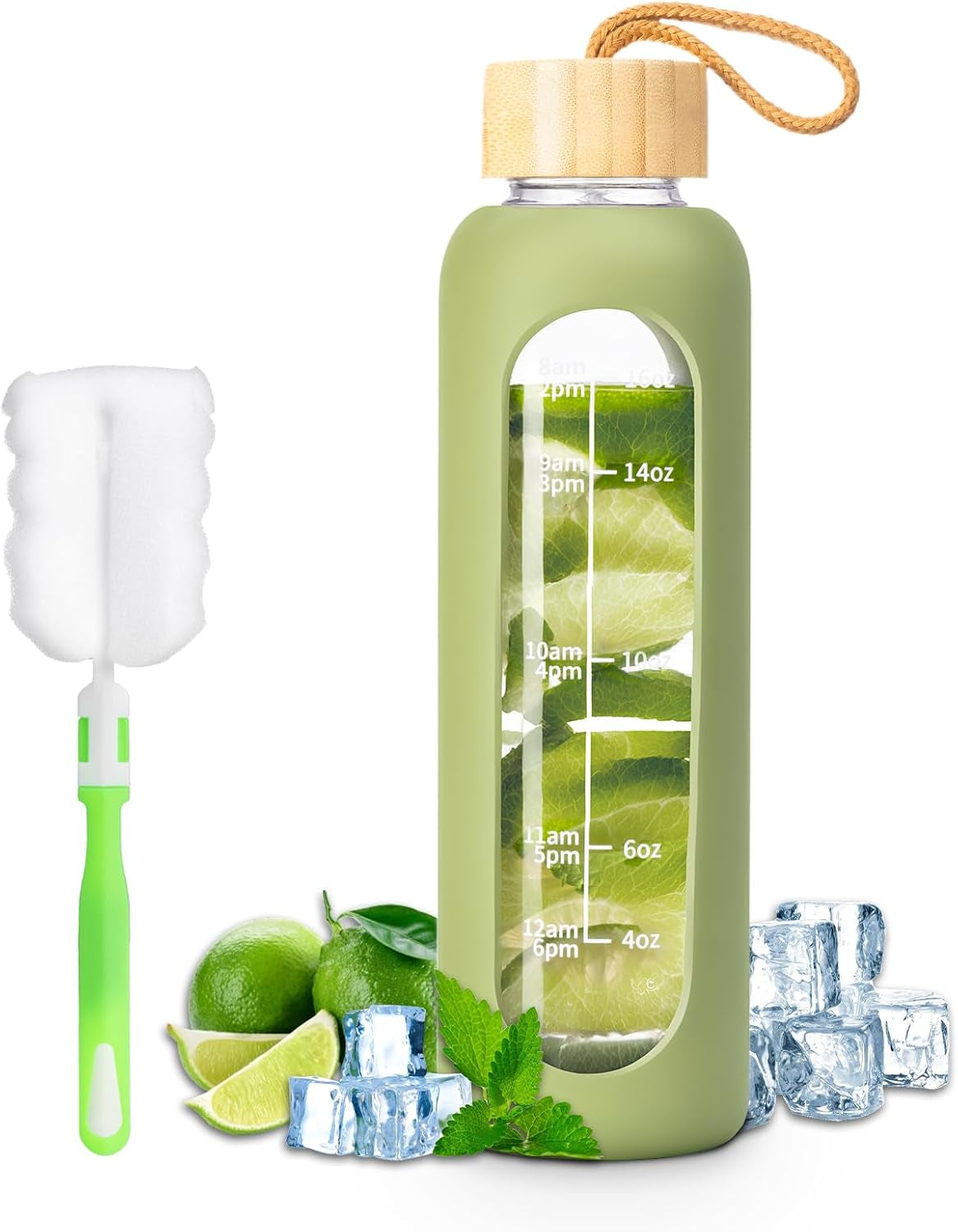 18 OZ Glass Water Bottles, Water Bottle with Time Marker (Green)