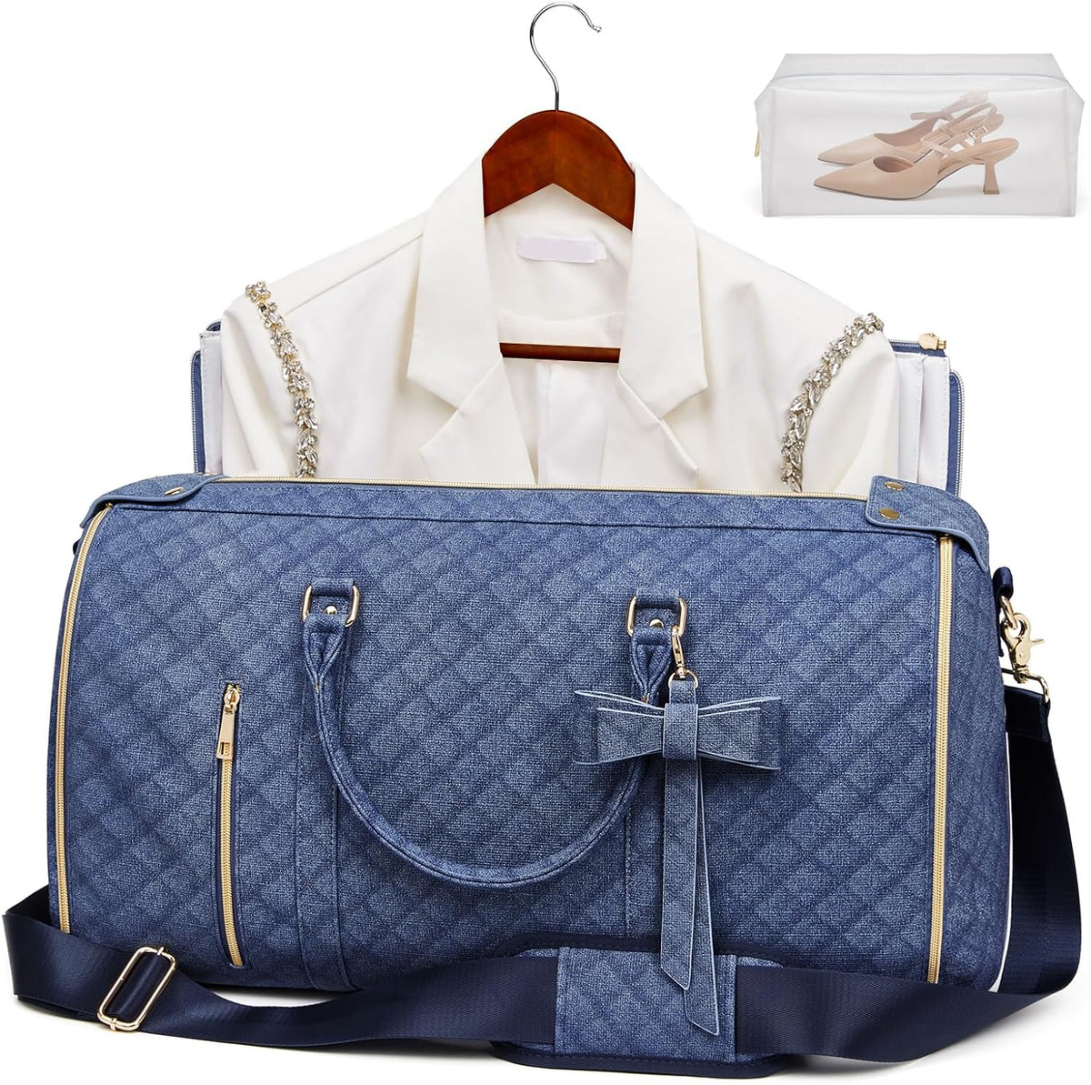 Garment Bags for Travel, Convertible Suit Travel Bag for Women, Stylish Carry on Garment Bag with Toiletry Pocket, Shoulder Strap & Shoes Compartment, 2 in 1 Foldable PU Leather Duffle Bag, Navy Blue