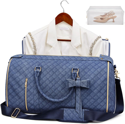 Garment Bags for Travel, Convertible Suit Travel Bag for Women, Stylish Carry on Garment Bag with Toiletry Pocket, Shoulder Strap & Shoes Compartment, 2 in 1 Foldable PU Leather Duffle Bag, Navy Blue