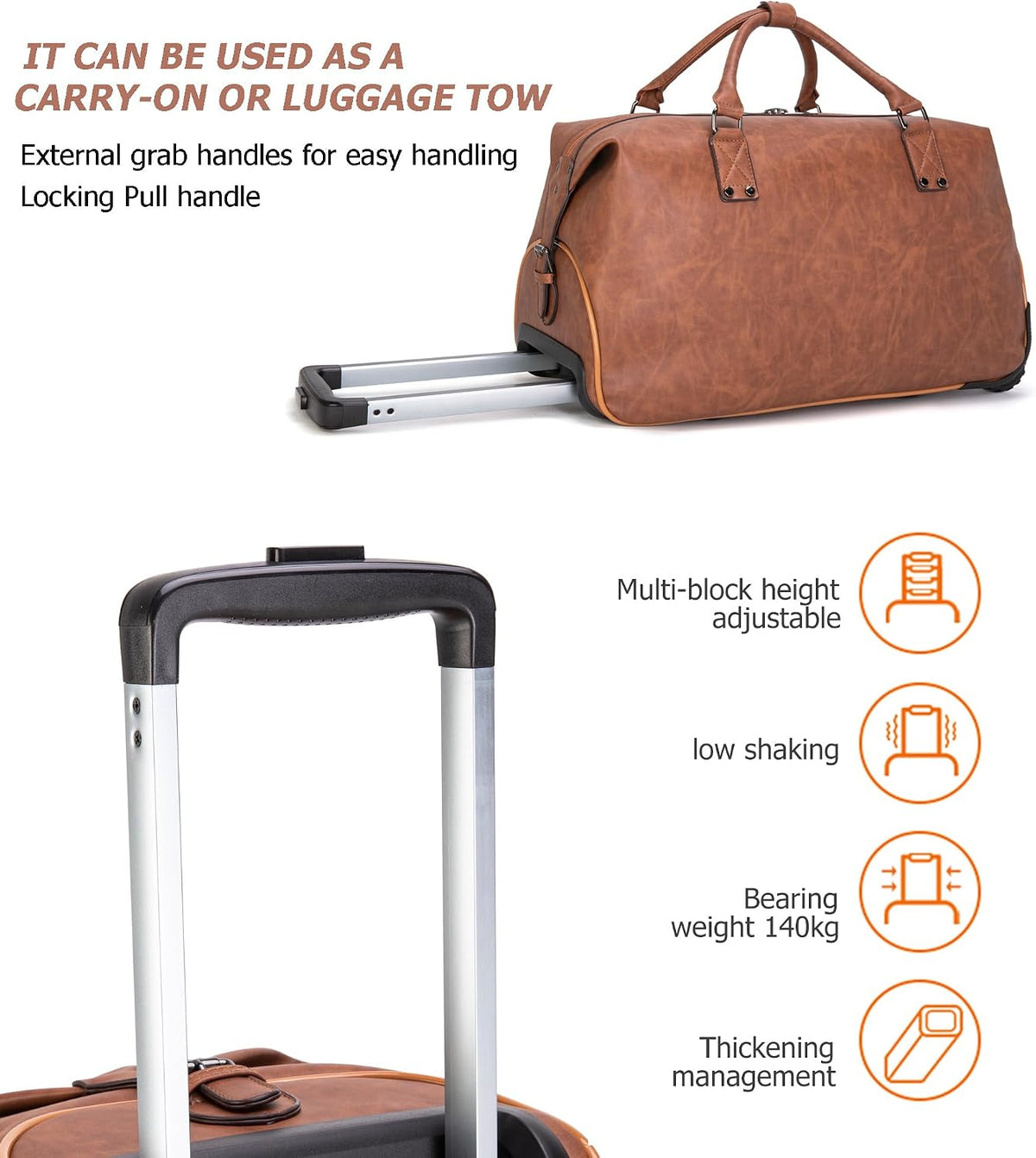 PU Leather Rolling Duffel Bag, Waterproof Weekender with Wheels