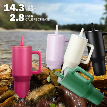 40Oz Fuchsia Large Vacuum-Insulated Tumbler with Lid, Reusable Stainless Steel Water Bottle with Handle Flip Straw Rubber Base, Leak Resistant Travel Coffee Mug for Home Office Gym