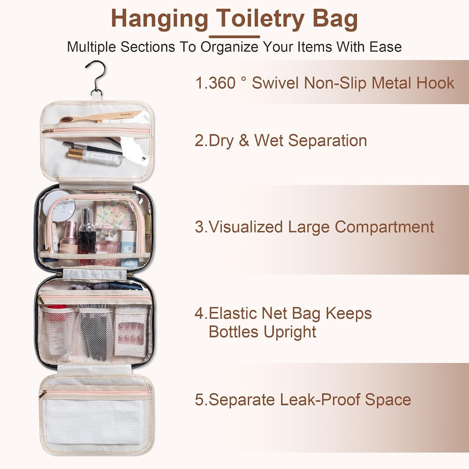 Travel Toiletry Bag for Women, Large Hanging Makeup Cosmetic Bag, Black