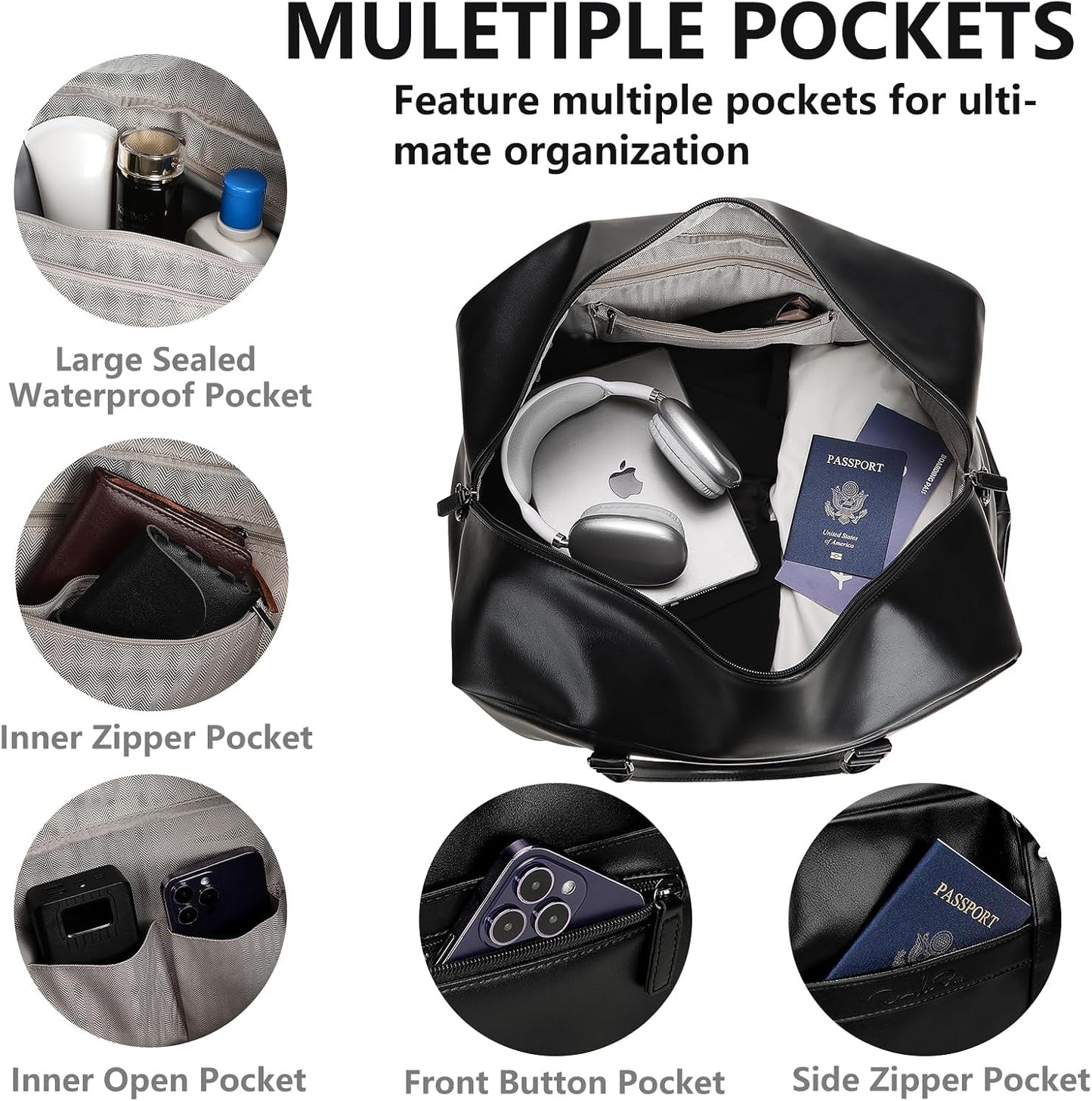 4‑PCS Leather Duffle Bag for Travel, Weekender Overnight Gym Bag Men Women