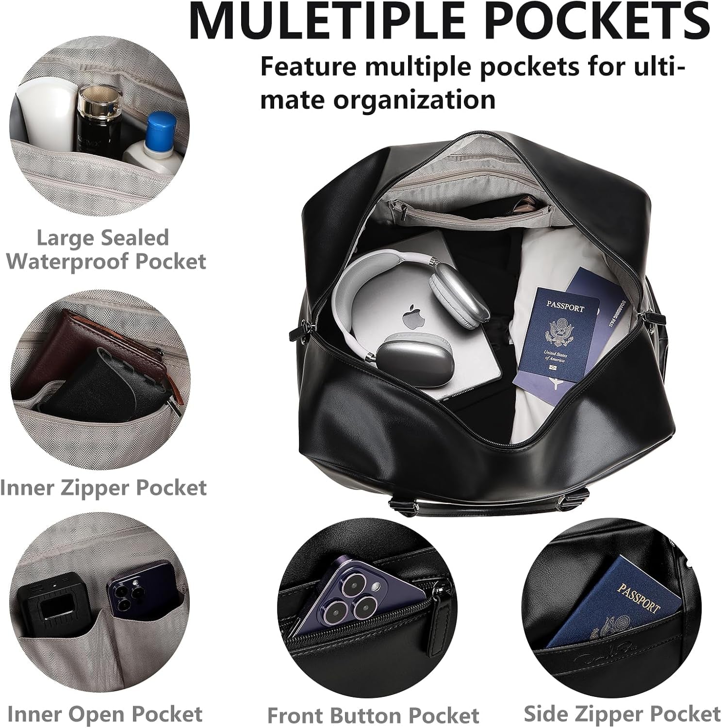 4‑PCS Leather Duffle Bag for Travel, Weekender Overnight Gym Bag Men Women