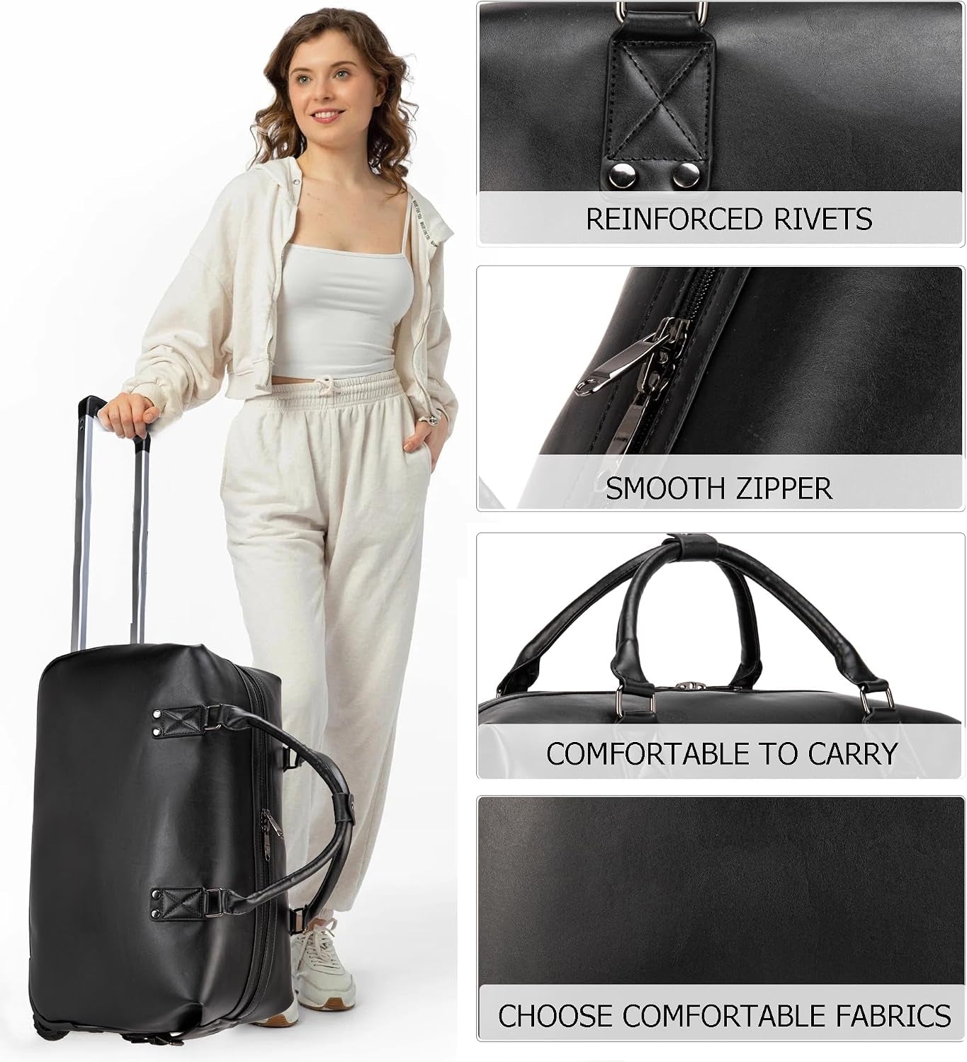 PU Leather Rolling Duffel Bag, Waterproof Weekender with Wheels