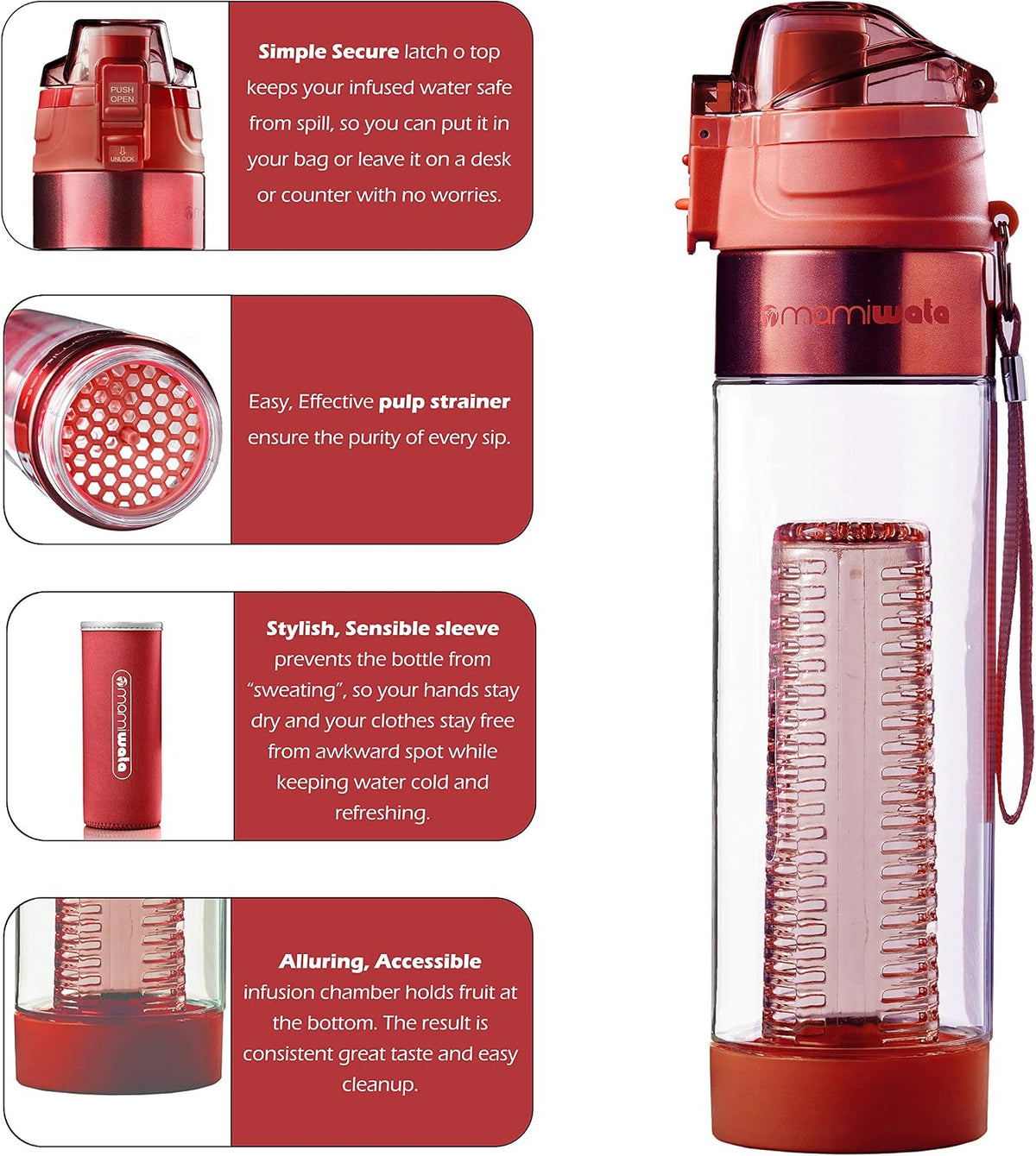 Clear Water Bottle - Shatterproof Not Glass Fruit Infuser Water Bottle, Flip Top 24 Oz BPA Free Tritan Plastic Water Bottle, Pretty Reusable Fruit Infused Water Bottles for Women with Sleeve