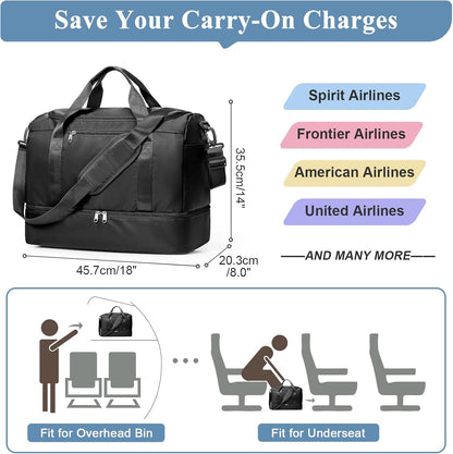Travel Duffel Bag,Carry-On Overnight Weekender Bags with Shoes Compartment