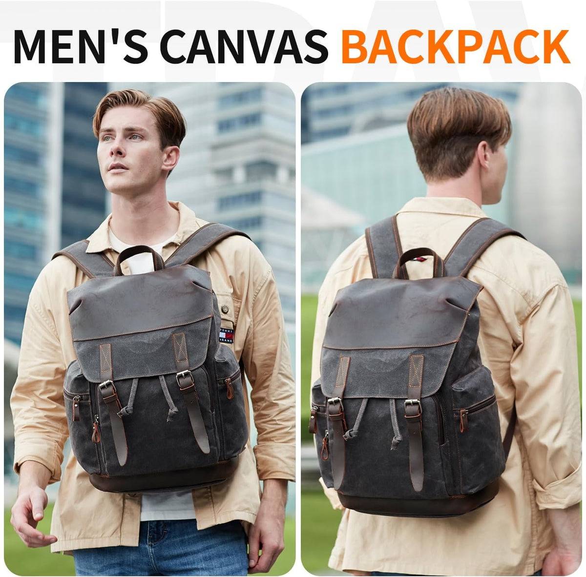 Nerlion Leather Backpack for Men Waxed Canvas Laptop Backpack 17.3 Inch Rucksack Vintage Travel Backpack (Black)