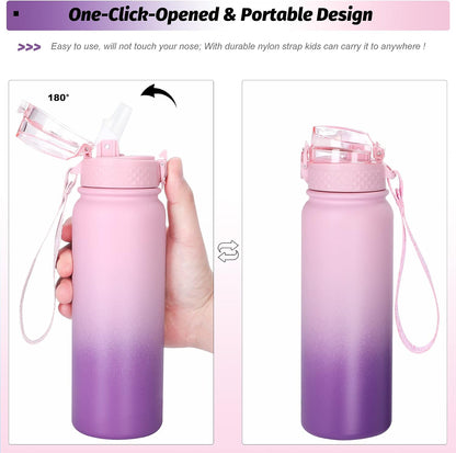 Water Bottles 20 Oz Insulated Water Bottle with Straw 3 Lids,Vacuum Stainless Steel Water Bottles, Leak & Sweat Proof Sport Water Bottle Gym for Kids Adults