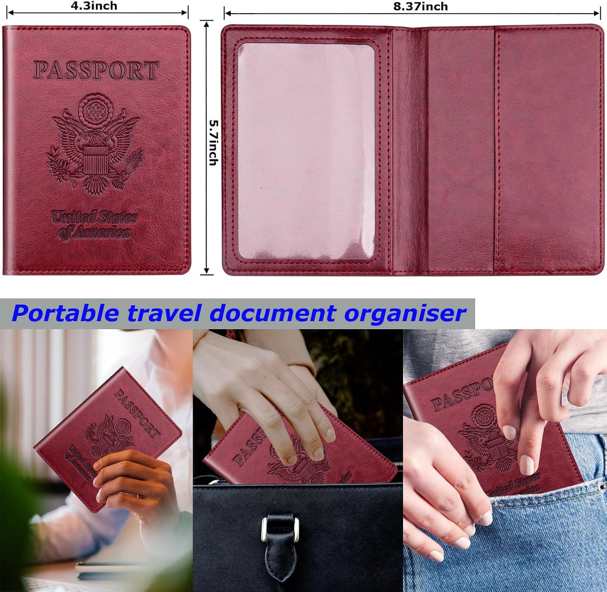 Passport Holder 2Pcs, Passport Cover Wallet Case for Women Men Family, Passports Book Holders Travel Must Haves Cruise Ship Essentials (Dark Blue & Wine Red)