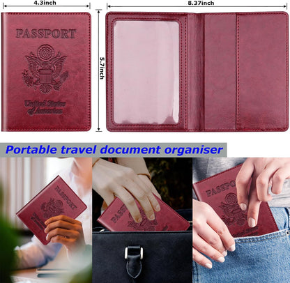Passport Holder 2Pcs, Passport Cover Wallet Case for Women Men Family, Passports Book Holders Travel Must Haves Cruise Ship Essentials (Dark Blue & Wine Red)