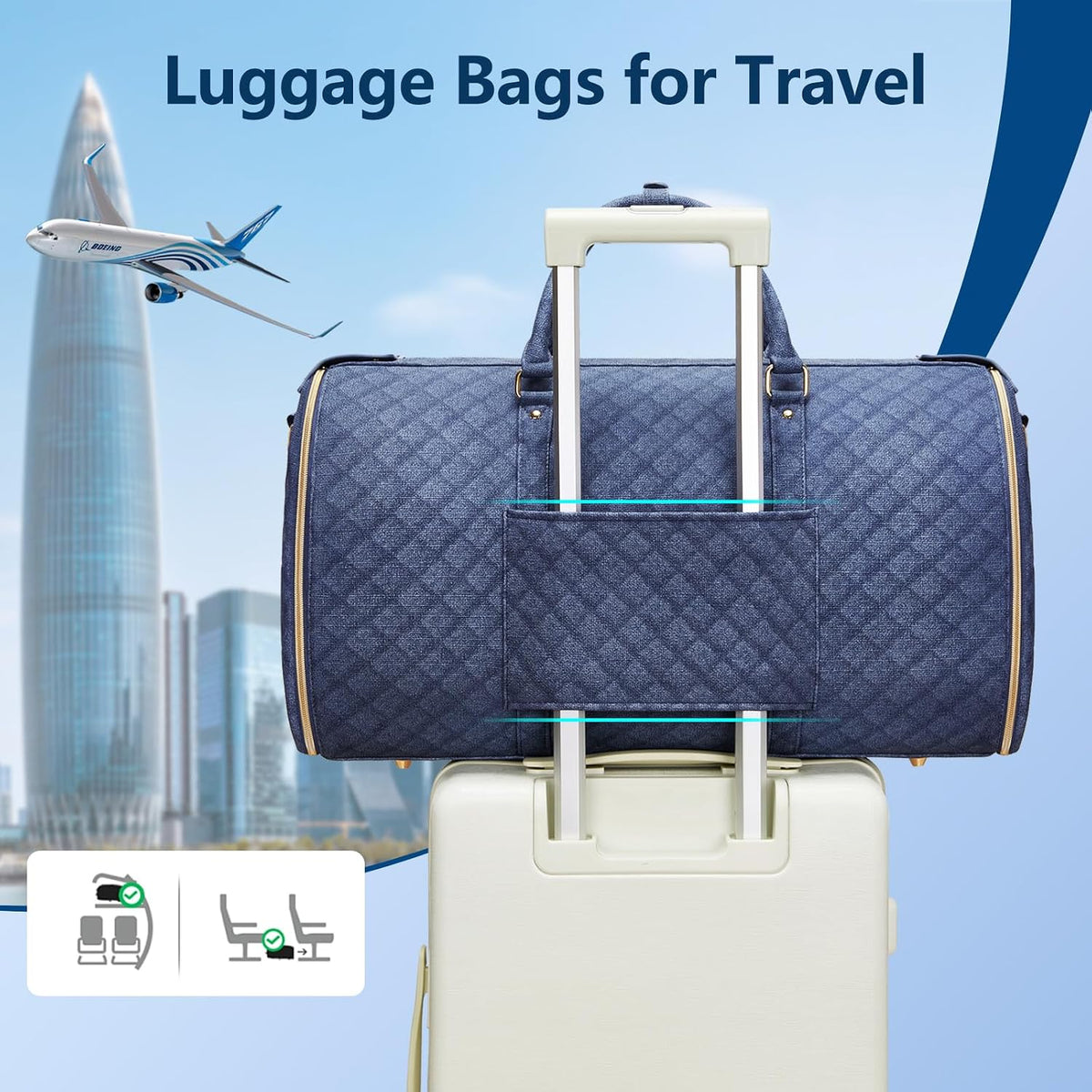Garment Bags for Travel, Convertible Suit Travel Bag for Women, Stylish Carry on Garment Bag with Toiletry Pocket, Shoulder Strap & Shoes Compartment, 2 in 1 Foldable PU Leather Duffle Bag, Navy Blue