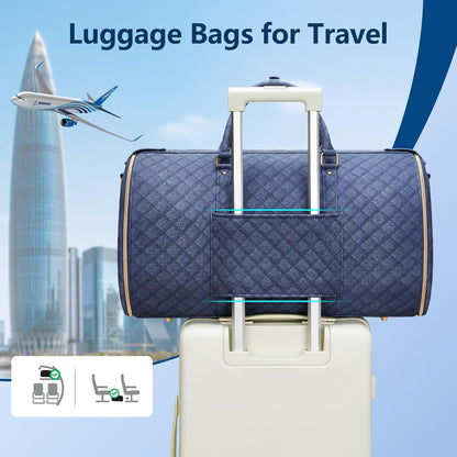 Garment Bags for Travel, Convertible Suit Travel Bag for Women, Stylish Carry on Garment Bag with Toiletry Pocket, Shoulder Strap & Shoes Compartment, 2 in 1 Foldable PU Leather Duffle Bag, Navy Blue