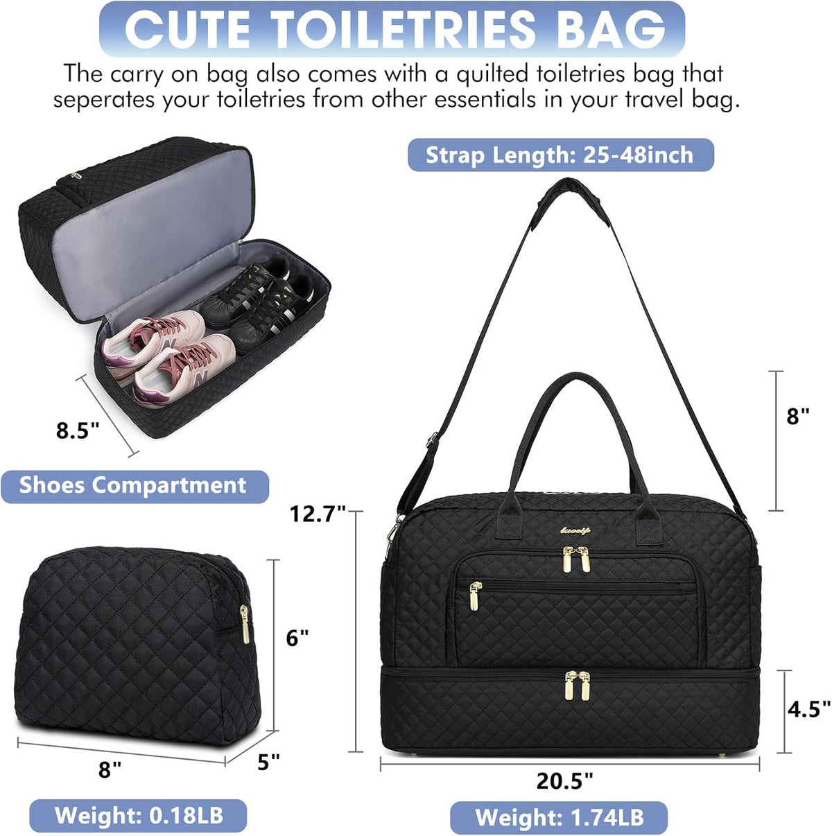 Large Travel Duffle Bags for Women: 35L Weekender Bag with Shoe Compartment