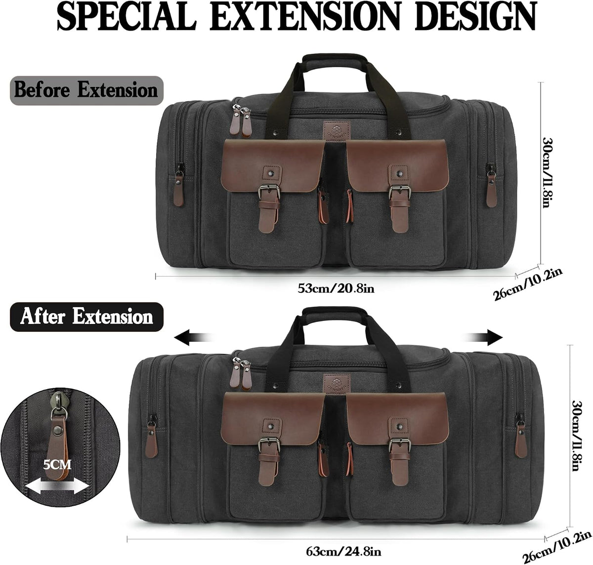 Canvas Duffle Bag for Men - 50L Expandable Travel Duffel Bags
