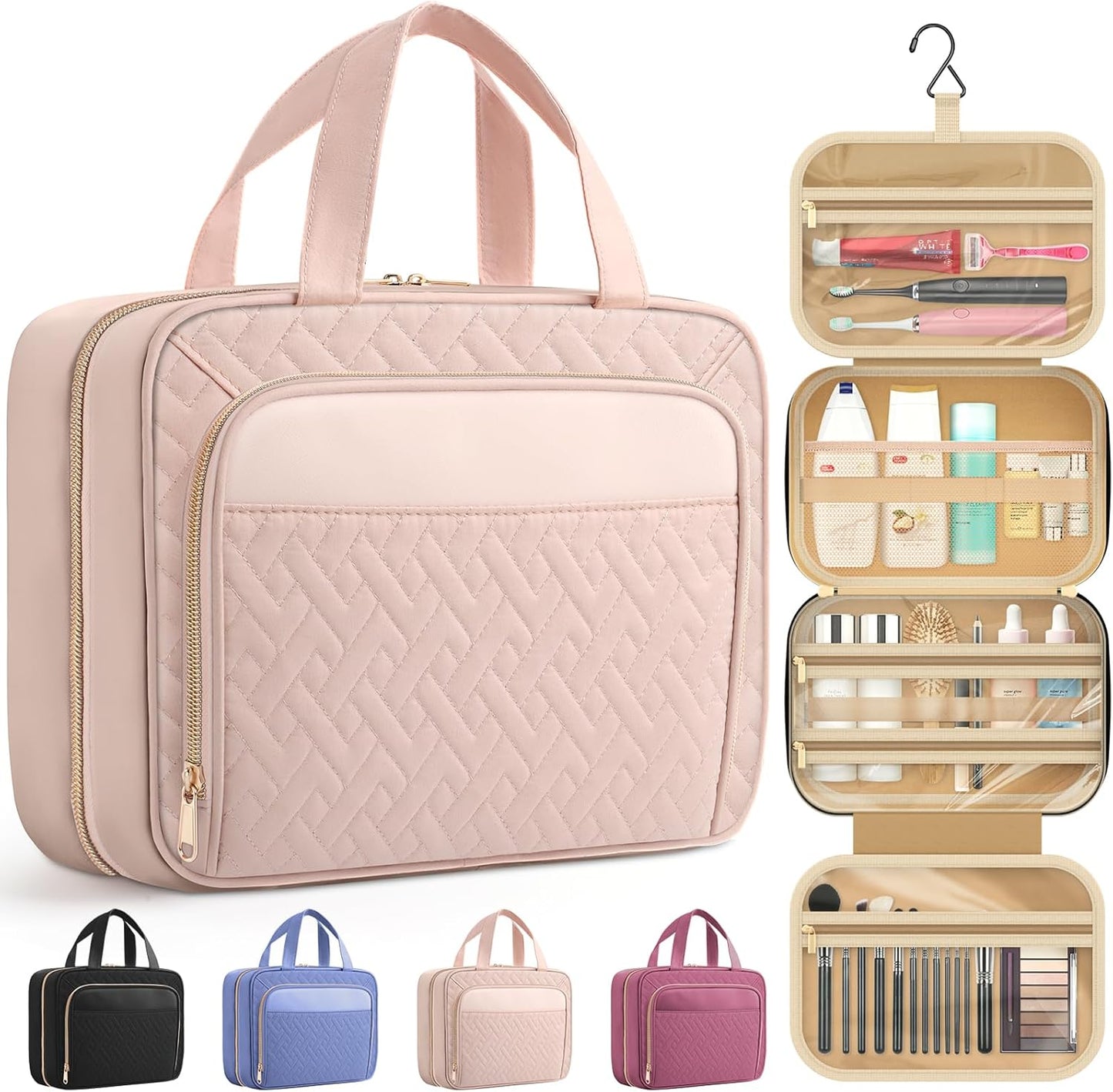 Hanging Travel Toiletry Bag Women Men, Pale Pink, Medium