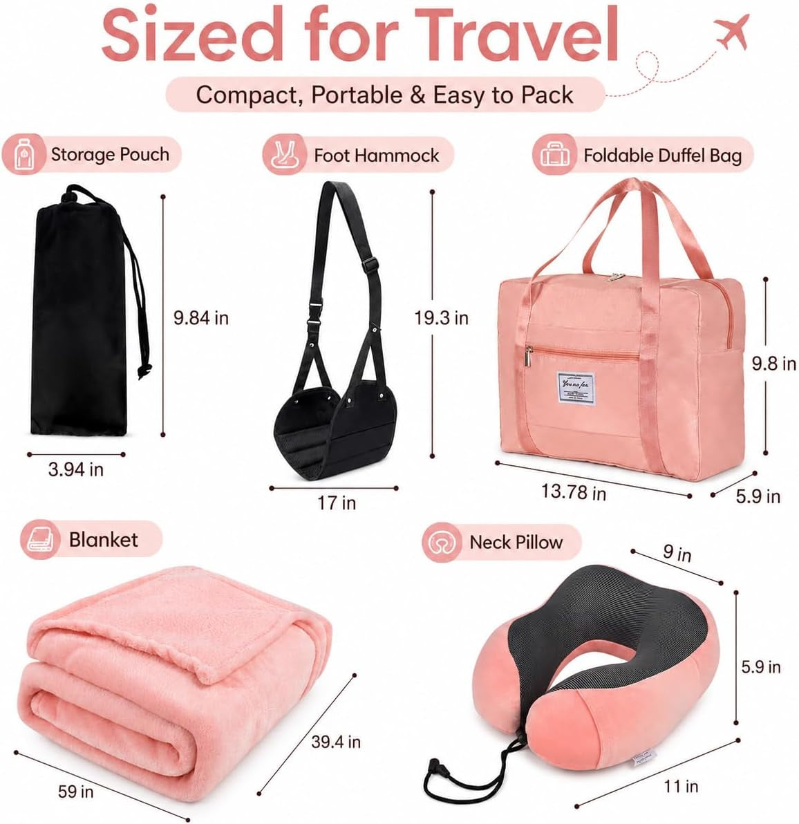 Travel Pillow and Blanket Set - Foot Hammock Rest Airplane Essentials, Pink
