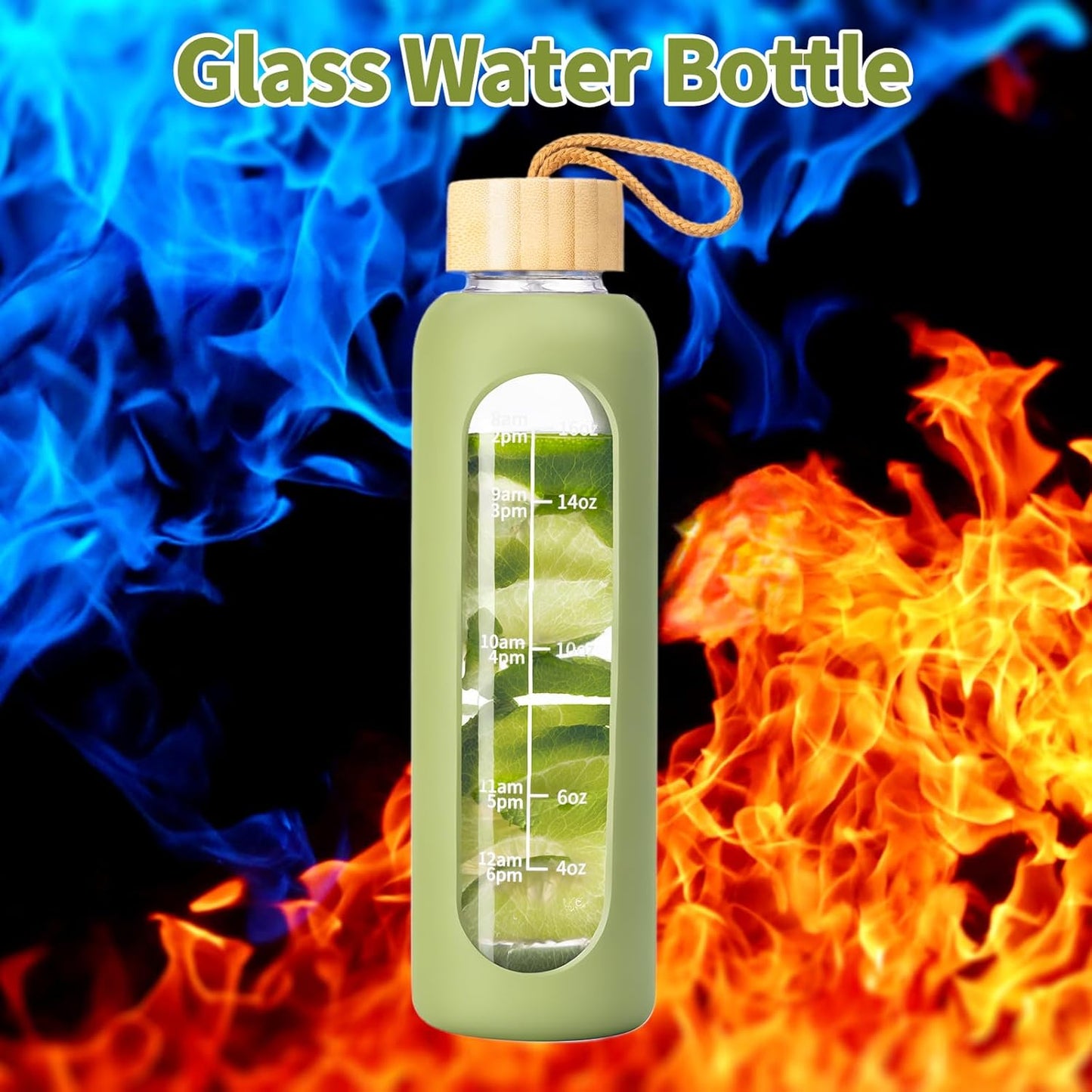 18 OZ Glass Water Bottles, Water Bottle with Time Marker (Green)