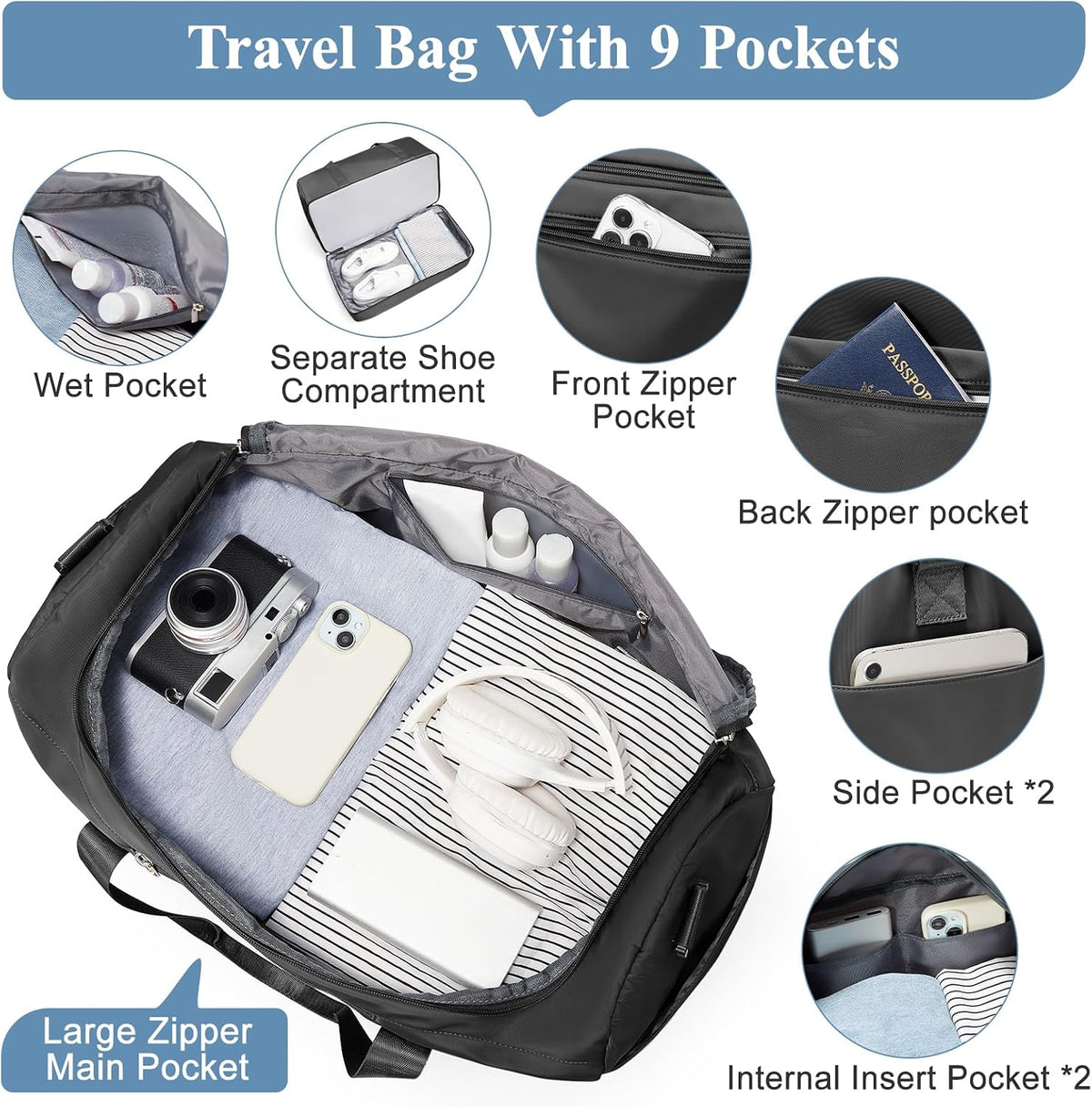 Travel Duffel Bag,Carry-On Overnight Weekender Bags with Shoes Compartment