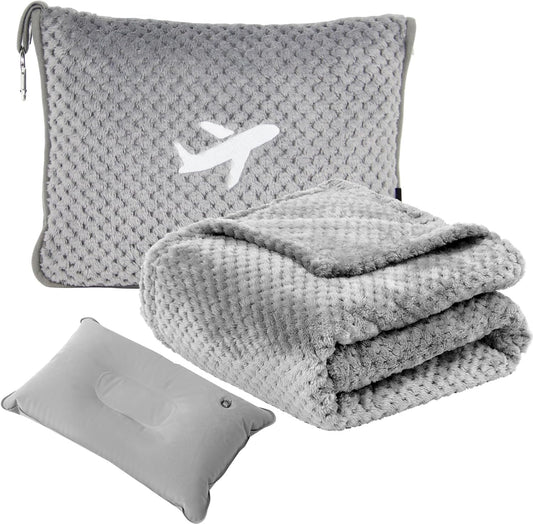 Travel Blanket Airplane Compact with Bag, Travel Essentials 3 in 1 Packable Airplane Blanket, Travel Pillow and Blanket Set, Inflatable Pillow, Luggage Sleeve & Backpack Clip (Light Grey)