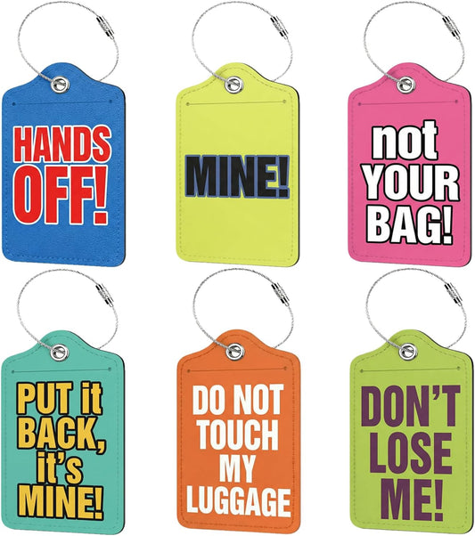 6 Pcs Luggage Tags for Suitcases, PU Leather Suitcase Tag for Travel, Travel Bag Tags with Stainless Steel Loop, Luggage ID Tag for Cruise, Carry on & Backpack (Bold Text Style)