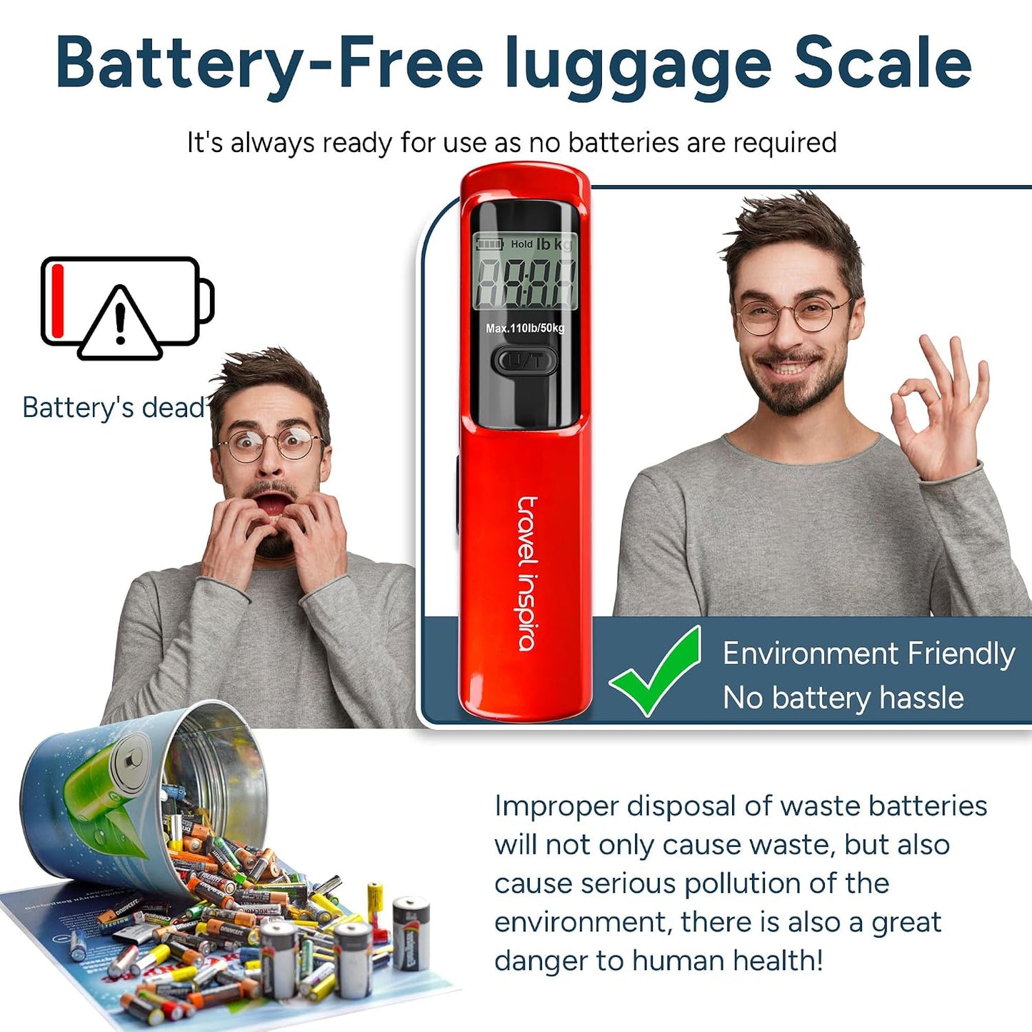 Battery-Free Luggage Scale 110Lb/50Kg Digital Portable