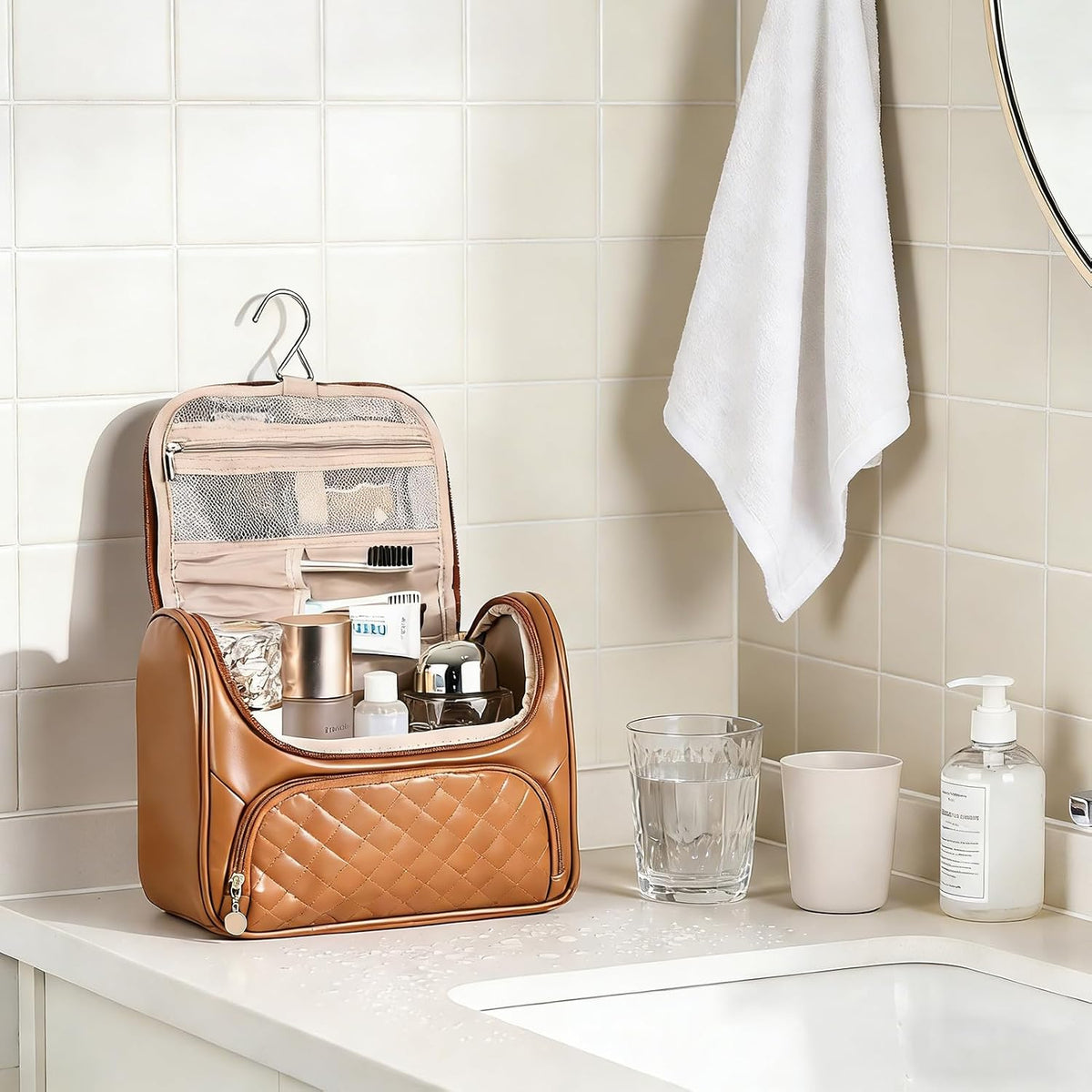 Cosmetic Bags for Women，Hanging Toiletry Bag with Makeup Brush Womens Travel Toiletry Bag for Women Essentials Travel Organizer for Full Sized Cosmetics and Toiletries Brown