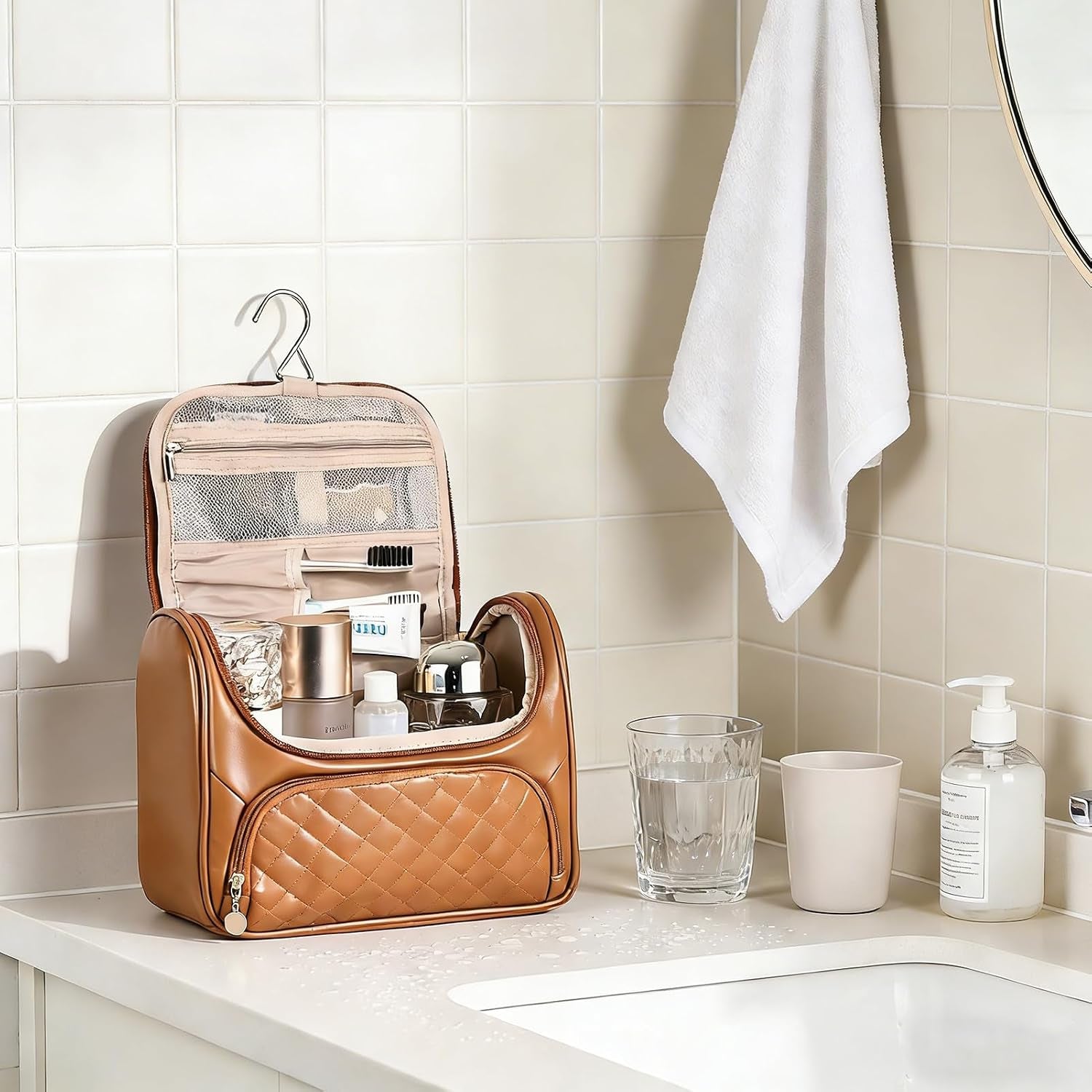 Cosmetic Bags for Women，Hanging Toiletry Bag with Makeup Brush Womens Travel Toiletry Bag for Women Essentials Travel Organizer for Full Sized Cosmetics and Toiletries Brown