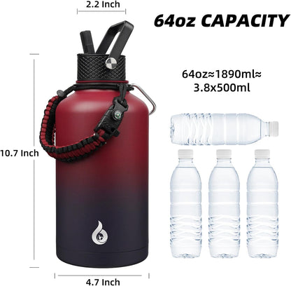 64Oz Insulated Water Bottle with Straw Lid Large Stainless Steel Jug