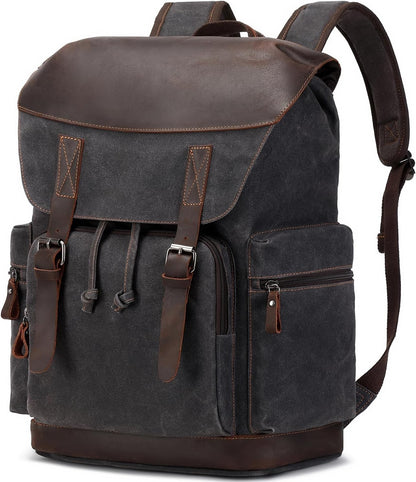 Nerlion Leather Backpack for Men Waxed Canvas Laptop Backpack 17.3 Inch Rucksack Vintage Travel Backpack (Black)