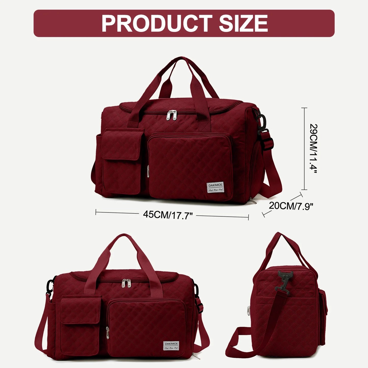 Travel Duffle Bag for Women Men, Weekender Overnight Bags Carry on Gym Bag with Wet Pocket/Adjustable Strap/Shoe Compartment, Foldable Waterproof Duffel Tote for Plane Sports Dance, Wine Red