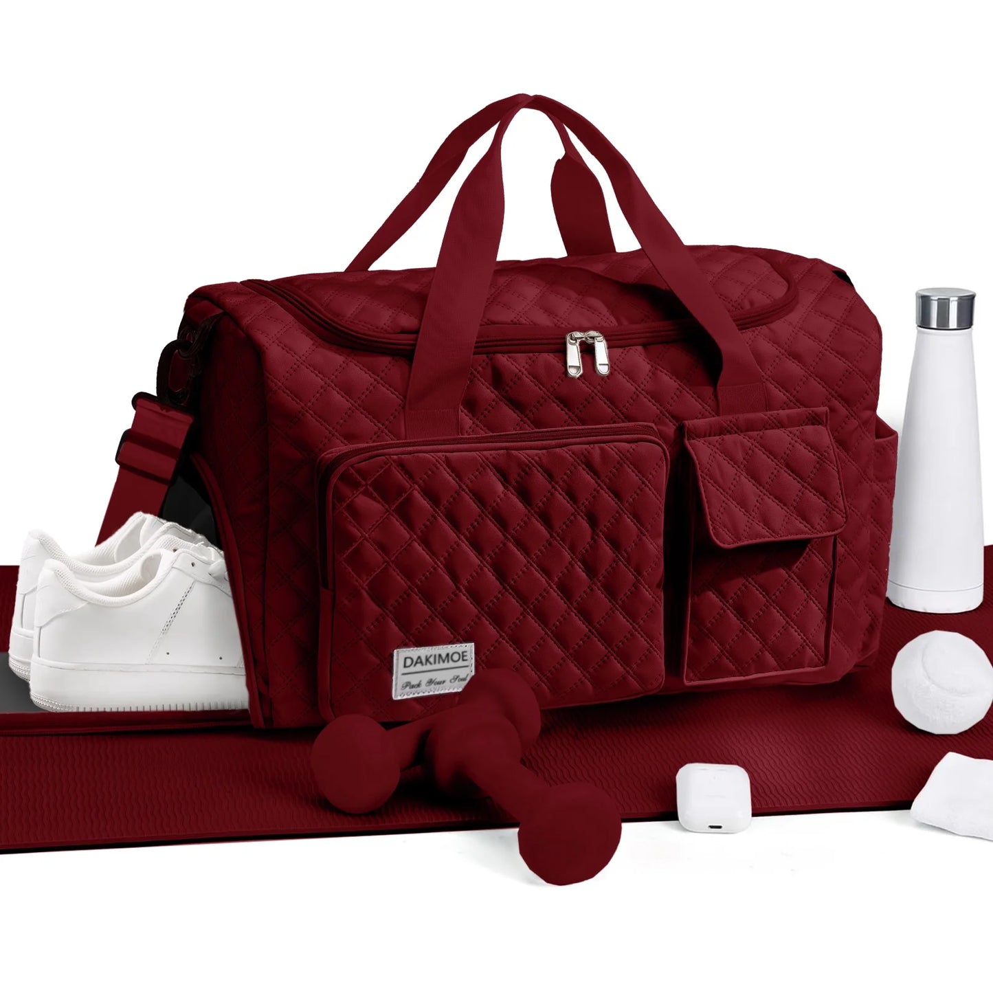 Travel Duffle Bag for Women Men, Weekender Overnight Bags Carry on Gym Bag with Wet Pocket/Adjustable Strap/Shoe Compartment, Foldable Waterproof Duffel Tote for Plane Sports Dance, Wine Red