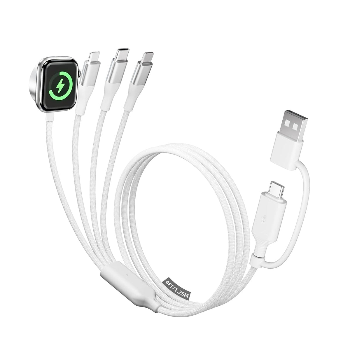 4-In-2 Multi Charging Cable with Smartwatch Charging, White, 4FT
